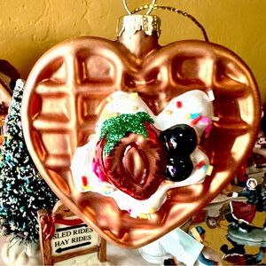 Christmas Heart Shape Waffle with Berries Glass Ornament Whipped Cream Sprinkles